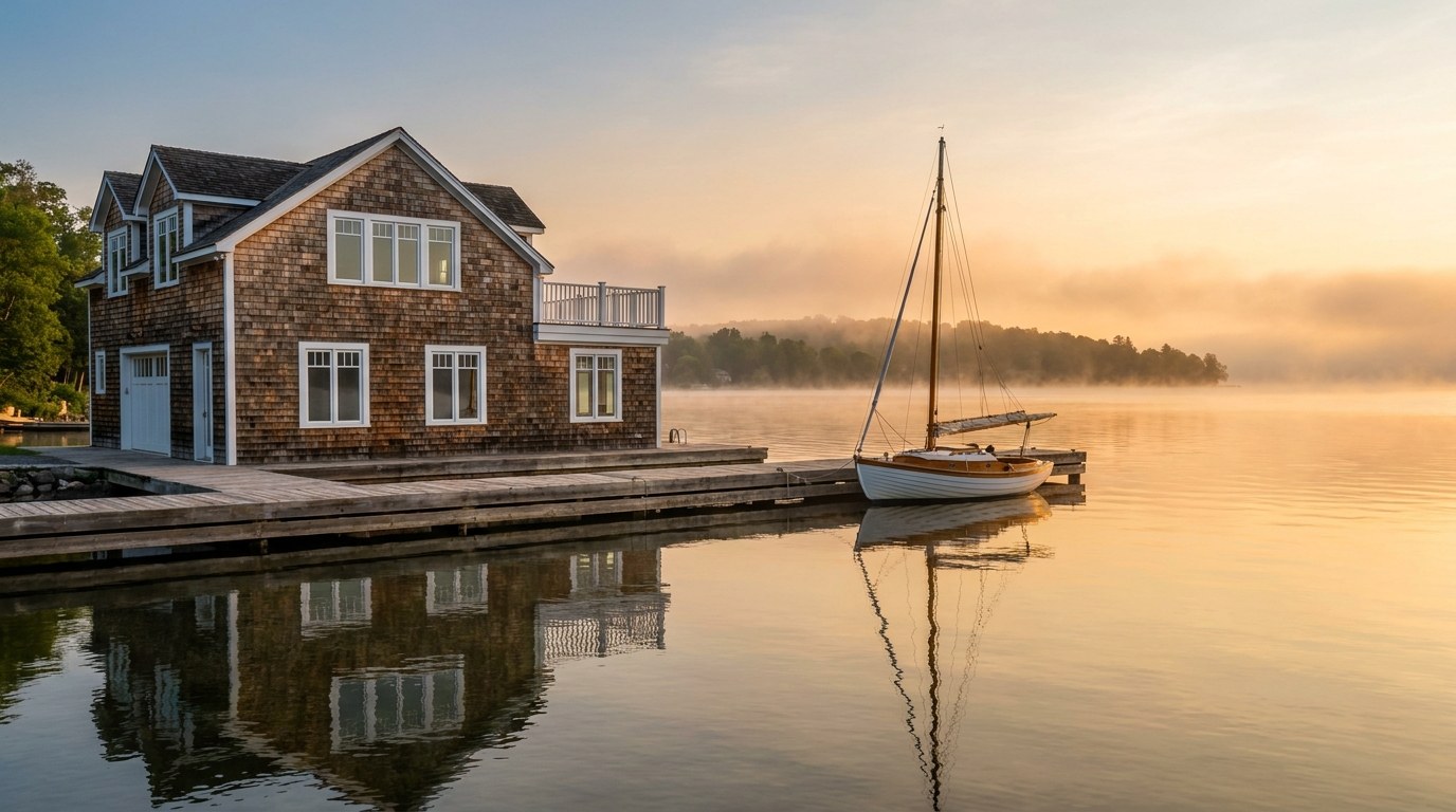 Lakefront homes and boathouses on the water