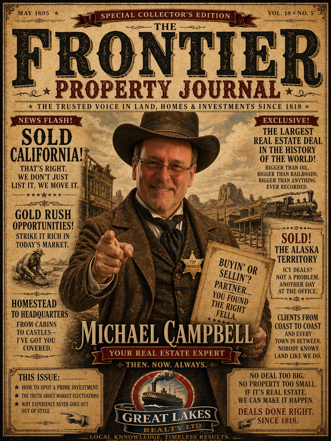 Mike Campbell on the cover of the Frontier Property Journal, 1895
