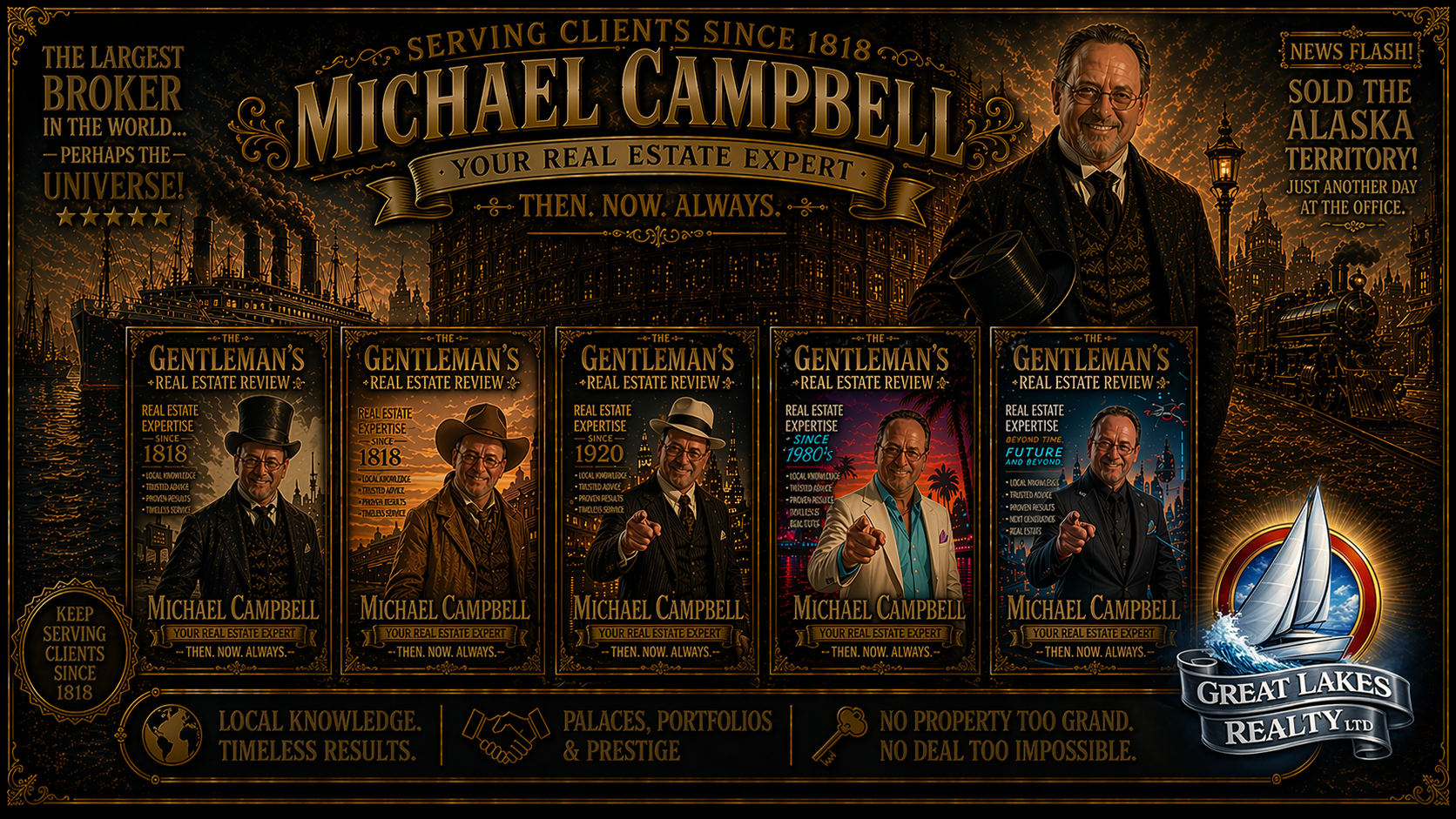 Mike Campbell across multiple historical eras — promotional campaign artwork